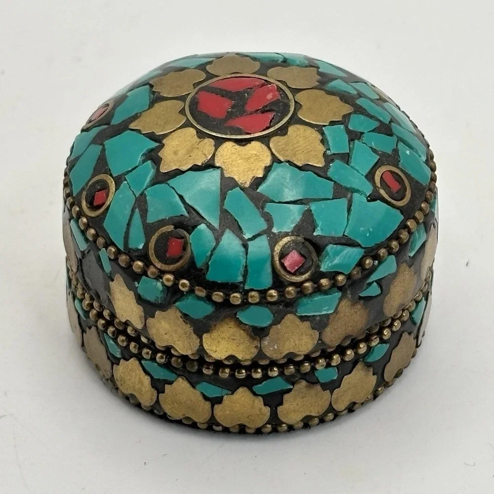 Vintage Trinket Box Turquoise Coral‎ - Tibetan Style Brass Filagree Hand Crafted